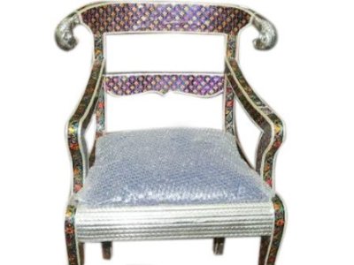 White Metal Cladded Lacquer Hand Paint Wooden Indian Decorative Indoor Chair $599.00