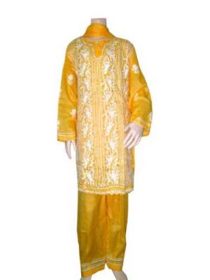 Salwar Kameez Gamboge White Embroidery Cotton Kids Wear with Dupatta