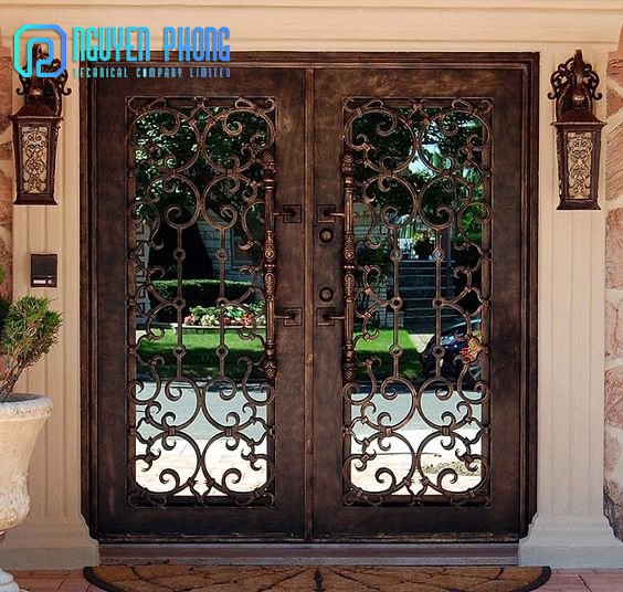 Hand-forged iron entry doors, double front doors